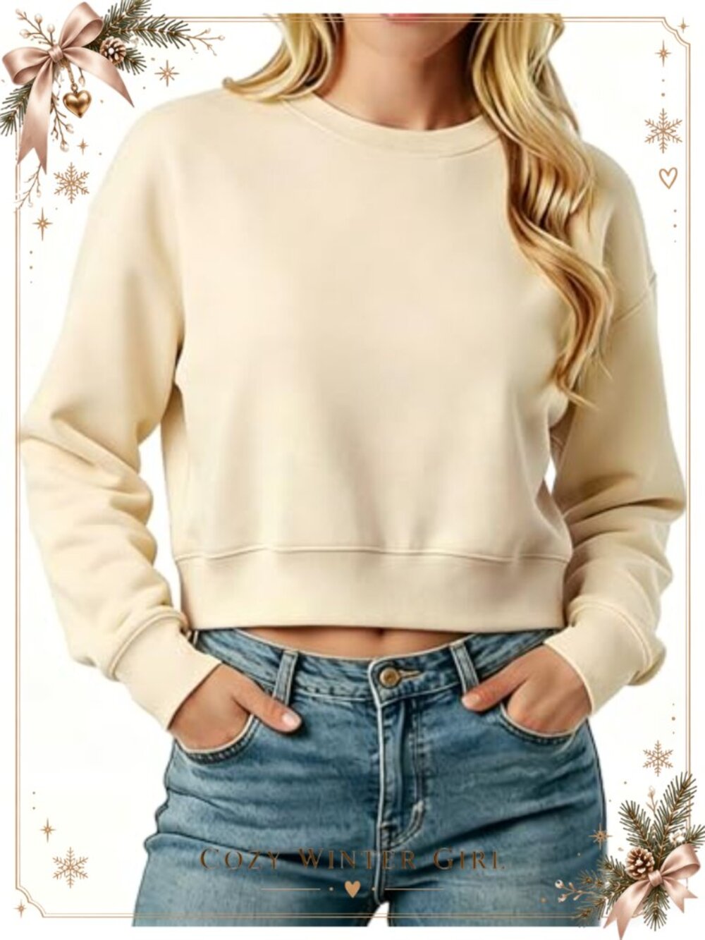 Cropped Crewneck Sweatshirt Oversized Cotton Blend Long Sleeve Pullover